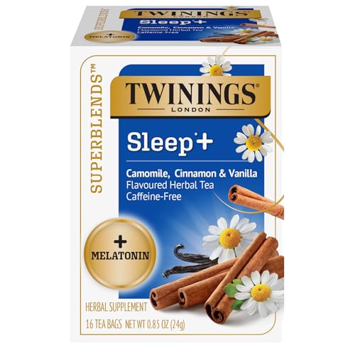 Twinings Superblends Sleep+ Herbal Tea with 1mg Melatonin Camomile, Cinnamon & Vanilla, Naturally Caffeine-Free, 16 Tea Bags (Pack of 1), Enjoy Hot or Iced
