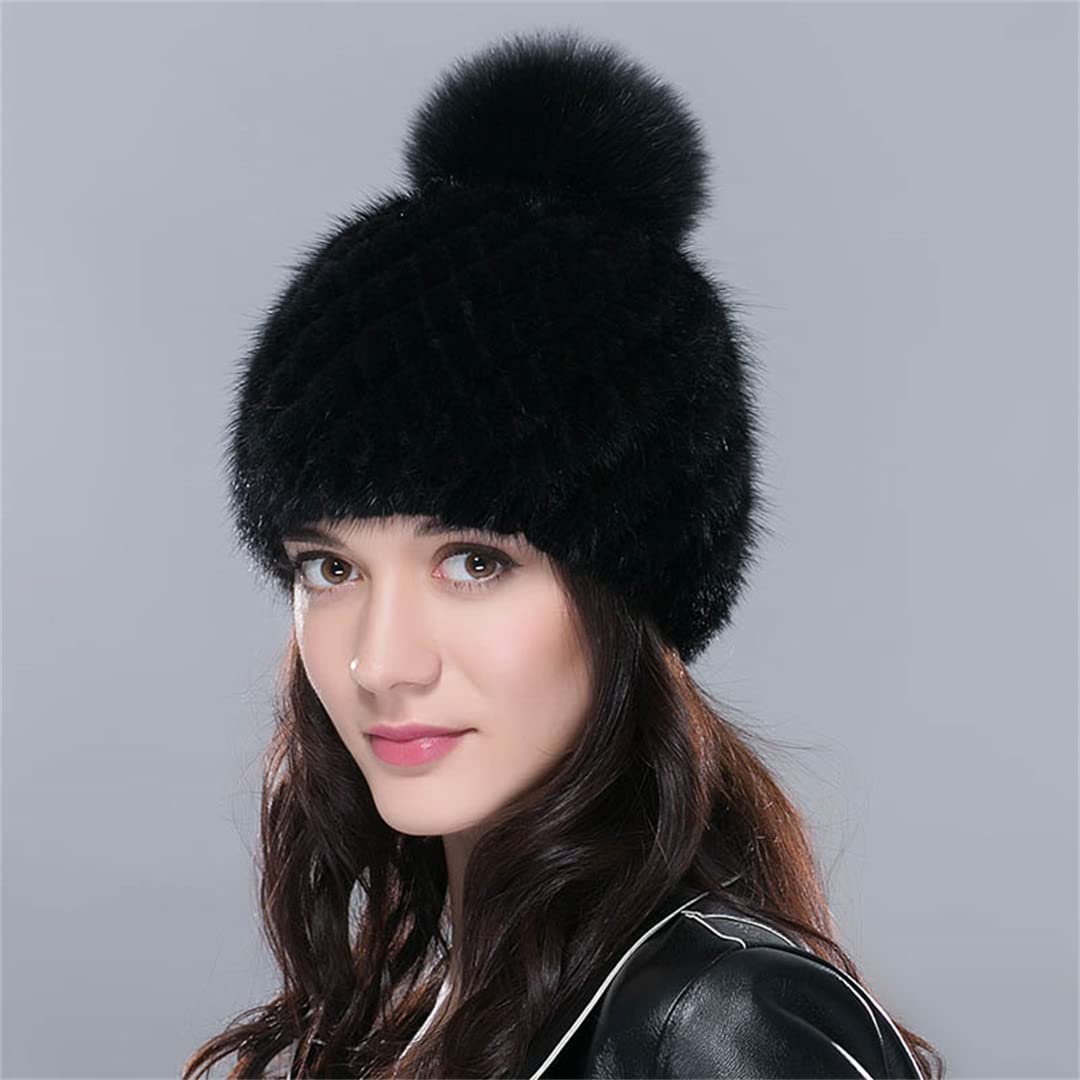 Sombreros de Piel de visón de Invierno para Mujer con pompón Moda Forro de Lana cálido Gorros con Orejeras para Mujer