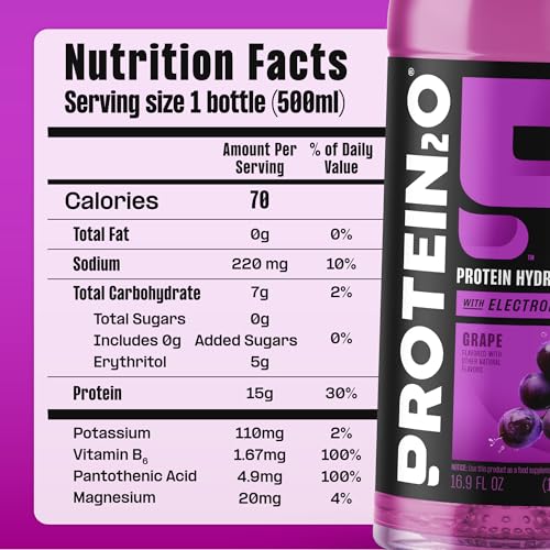 Image of Protein2o Hydration Drink - 2-in-1 Liquid Clear Whey Protein Isolate and Electrolyte Drink - 15g Protein, Vitamins B5, B6 - Post-Workout Recovery - 16.9 Fl Oz - Grape, (Pack of 24)