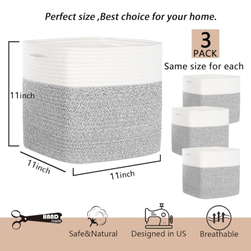 Image of COMFY-HOMI 3PACK Cotton Rope Square Basket with Handles for Shelves|Dog Toy Bin and Storage|Baby Gift|Shoe Organizer|New 11 inch x 11 inch x 11 inch for Living Room