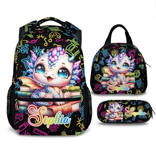 Kids Backpack for Girls - Set of 3 Custom Dragon Student Backpacks for School Toddler Kindergarten Elementary Primary Middle - 17’’ Lightweight Cute Personalized Bookbag - Back to School Supplies