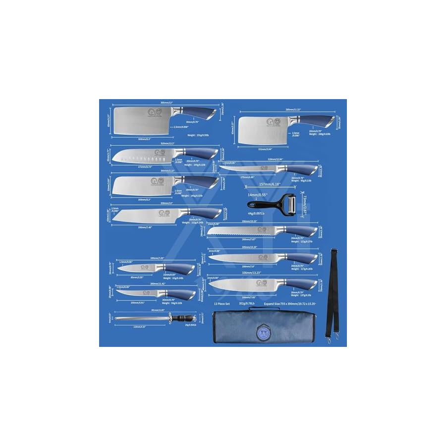 XYJ Knives,Professional Knife Sets for Master Chefs,11-pcs Chef Knife Set with Bag,Meat Cleaver Butcher for Camping