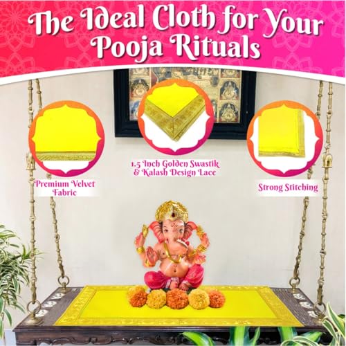 Image of Bhakti Lehar (10 x 30 Inch) Plain Yellow Velvet Pooja Aasan for God Idol /Chowki Aasan Kapda Cloth for Temple Shelf Home Mandir, Ganesh Baithak and God Idol Sitting - Pack of 2