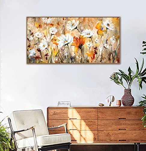 Framed Wall Art Wildflowers Canvas Wall Pictures Abstract Daisy Flowers Canvas Prints Orange Yellow Floral Landscape Painting Artwork For Living Room Bedroom Kitchen Home Office Decor 24"X 48" #TOP6