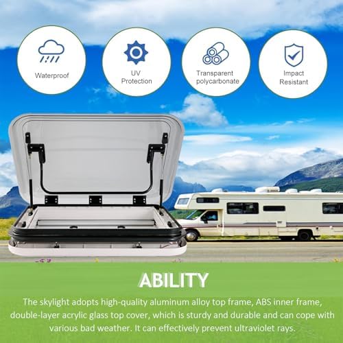 Upgraded RV Skylight with LED Light – 12V Roof Vent Hatch for Motorhome, Camper, Trailer – 70° Wide Opening, Anti-UV Double Acrylic, Insulated – Fits 1-2.4 Inch Roof Thickness (50 * 50cm)