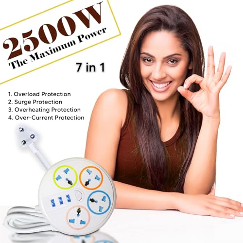 Image of SBF Round 4 Socket Extension Board with 2 USB Ports, Power Switch and 2M Cord | Multi Plug Power Strip for Home, Office, Mobile Charging, Laptop, TV (White(4P 2USB 1C))