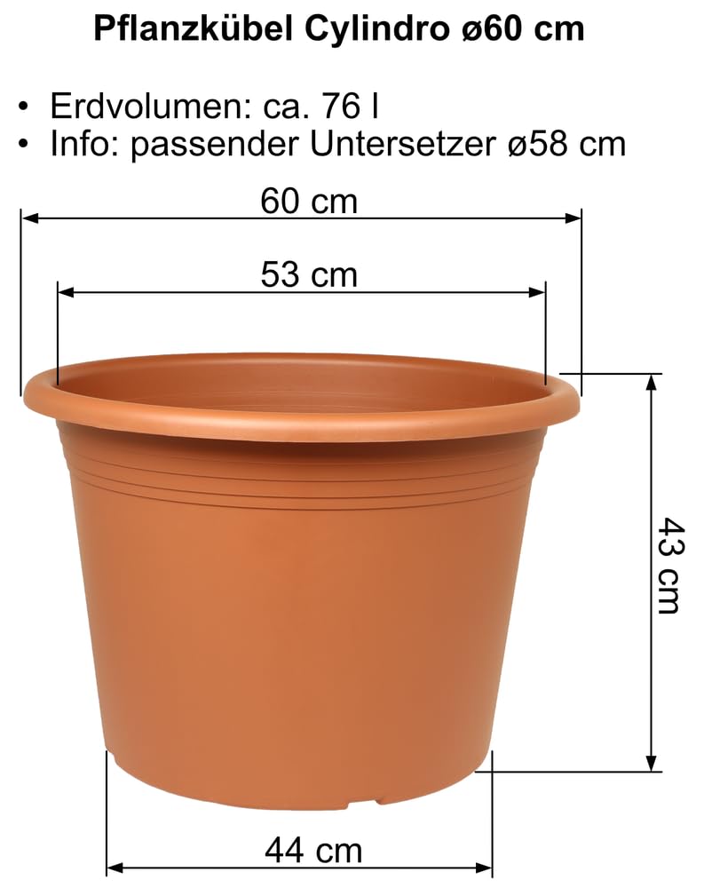MePla Juego de 3 macetas Cylindro de 60 cm de diámetro + platillo de 58 cm de diámetro, resistente a la intemperie, de plástico resistente a los rayos UV