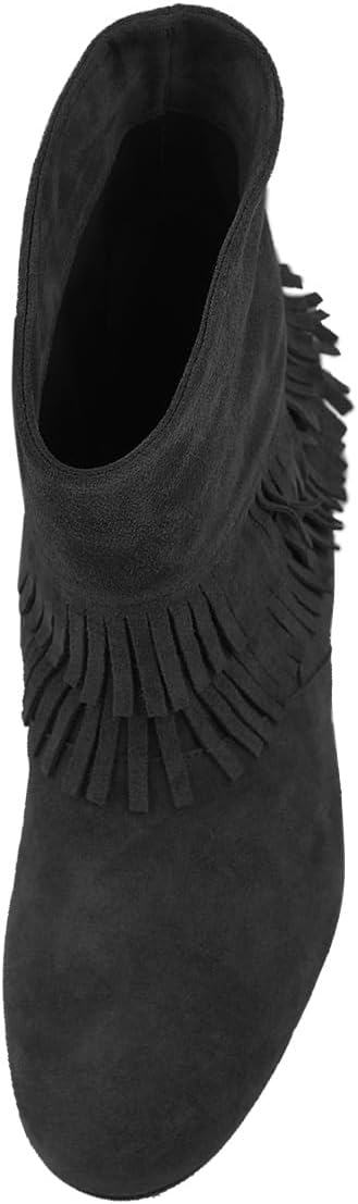 FSJ Women Retro Fringe Flat Booties Western Cowgirl Low Heel Ankle Boots with Tassel Suede Pull On Cowboy Dress Shoes Size 4-16 US