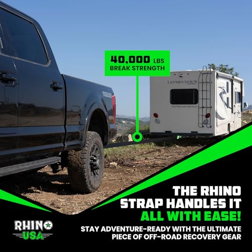 Image of Rhino USA Recovery Tow Strap (4 inch x 30') - 40,320lb Break Strength - Emergency Recovery Strap Tow Rope for Diesel Trucks, Backhoe, Excavators & More - Heavy Duty Towing Strap for Offroad 4x4 Use