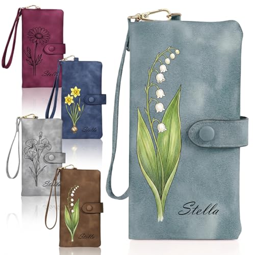 Image of Custom Wallet for Women Personalized Birth Flower & Name Purse Soft Leather Bifold Clutch with Strap Customized Gift for Mom Girlfriend
