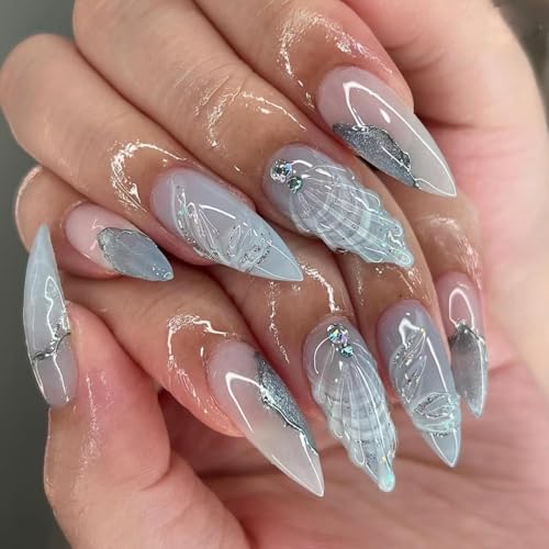 Image of Ocean Shell Press on Nails Light Blue Fake Nails Medium Almond False Nails with Rhinestone Design Glossy Glue on Nails Artificial Acrylic Nail Glitter Stick on Nails for Women Summer Manicure 24Pcs