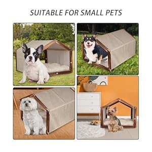 Dog House with Wooden Frame for Small Dogs or Cats Pet House with Fabric Cushion for Indoor (Beige)