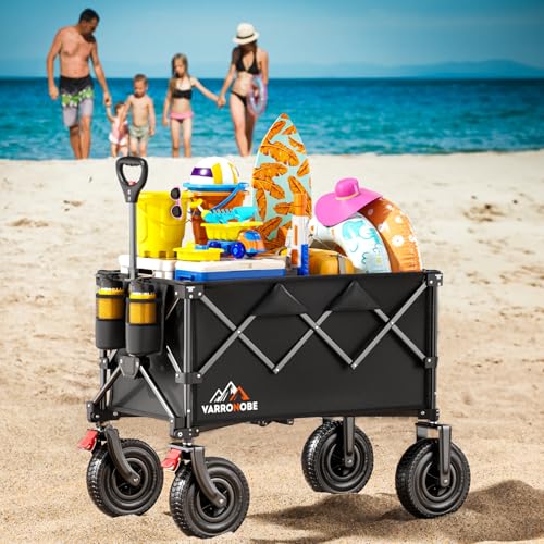 Big Rubber Wheels Beach Wagon Cart Foldable, 9x3 All-Terrain Wheels, Heavy Duty Collapsible Utility Wagon with 330lbs Capacity, Compact Storage, Easy Transport for Sand Camping Sports, Black by VARRONOBE - Image 7