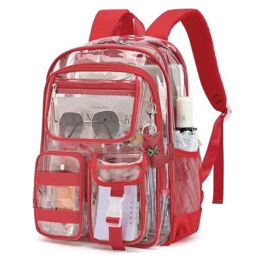 Lroiutian Clear Backpack for School Girls Boys Heavy Duty Transparent Backpack with Multiple Pockets Lightweight PVC See Through Bookbag for Students-Red