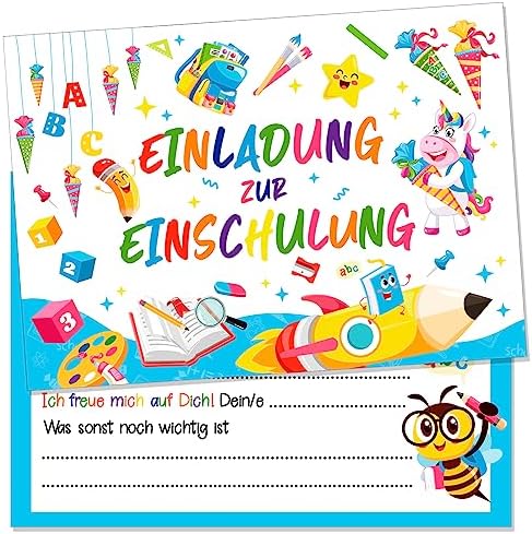 Einschulung Einladungskarten – 12 Stück Mit Dino-Motiv, 14,8x10,5 Cm, Inkl. Umschläge