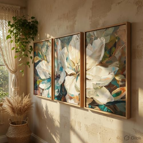 Image of Livin'luxe Abstract Floral Wall Painting Set of 3 with Wooden Frames | Modern White Flower Artwork HD Sparkle Laminated MDF Wall Decor | Contemporary Floral Wall Art for Living Room Bedroom