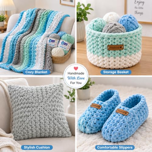 Image of ProKart - Blankie Plush & Cuddly Chenille Yarn for Knitting | Super Soft Velvet Pastel Yarn for Blankets, Baby Toys & DIY Crafts | 100g, Pack of 4 (Aqua Blue, Mint Green, Pure White, Silver)
