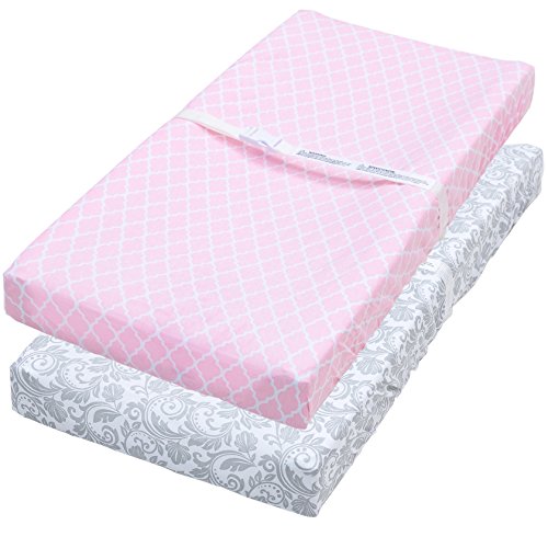 Image of unp Changing Pad Covers, 2 Pack Pink Quatrefoil & Floral Fitted Cotton Table Sheets