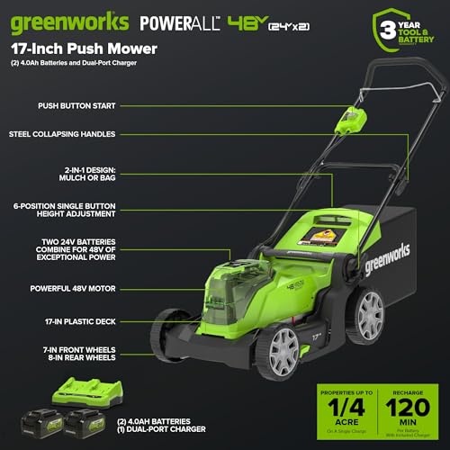 Greenworks 48V (24V x 2) 17' Cordless (Push) Lawn Mower (200+ Compatible Tools), (2) 4.0Ah...