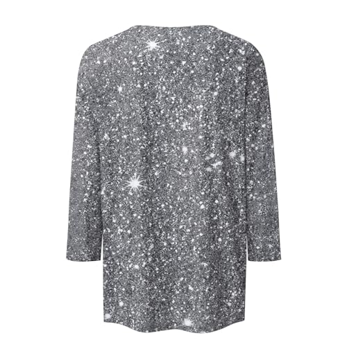 Generic Damen Pailletten Oberteil Silber - Glitzer Pullover Langarm - Festlich - Lässig-Festiv - Satin, Linen - M - Waffelkragen - Rundhals-Ausschnitt - 3/4 Ärmel - Grau - Maschinenwäsche - 1 Count