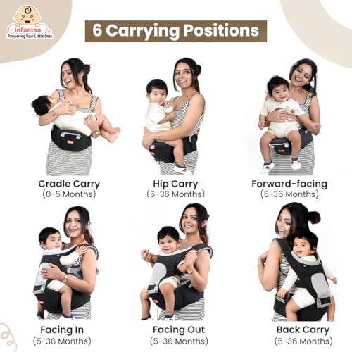 Image of Infantso Premium Hip Seat Baby Carrier with 6 Adjustable Carry Positions, Carrier for 0 to 3 years Baby with Hip Seat, Kangaroo Style Bag, Baby carrying Bag for Newborn to Toddler, Weight upto 15kgs (Black Grey)
