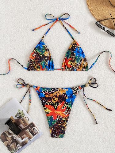 Image of Tainehs Women's Sexy Halter Thong Bikini Tie Two Sides Bottom Triangle Bikini Swimsuits