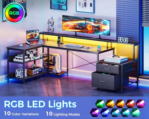 ODK L Shaped Desk with File Drawer, 75" Reversible L Shaped Computer Desk with Power Outlet & LED Strip, Office Desk with Storage Shelves, Gaming Desk with Monitor Shelf, Corner Desk, Black - Image 6