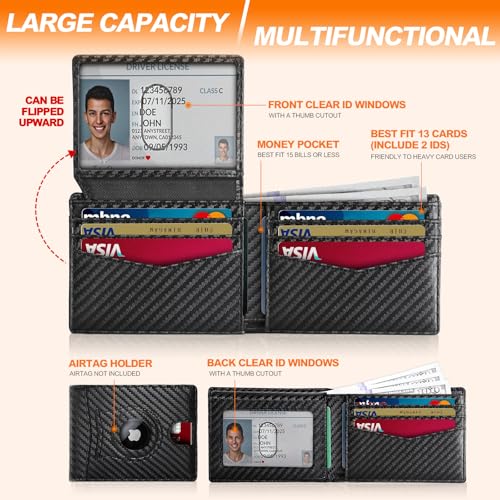 Slim Wallet for Men RFID Blocking Bifold Carbon Fiber Mens Slim Wallet,Ultra Thin Minimalist Front Pocket Small Compact Mens Leather Wallets,Smart Security Credit Card Holder Wallet with 2 ID Window2