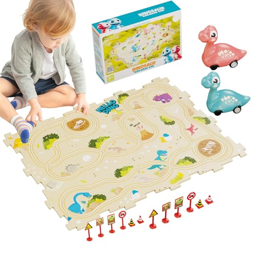 Circuito de coches puzzle infantil con dinosaurio y pista educativa para casa