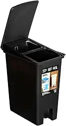 Lixeira de Pedal com Duplo Compartimento Seletiva Grande 40 Litros Com Aro Suporte Esconde Sacola e Tampa com Vedação (Preto)