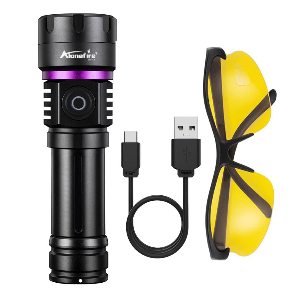 Alonefire SV115 Linterna UV 30W 365nm Profesional Recargable USB C Potente Luz Negra Detector de Orina para Resina, Pesca, Escorpión, Minerales, Pegamento, Ámbar con Gafas Protectoras UV, Batería