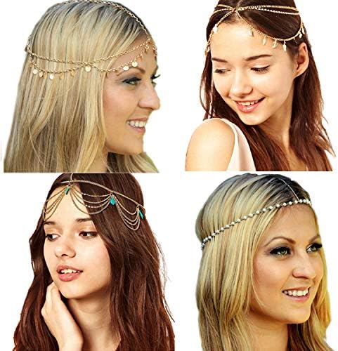 4 Pcs Gold Headband Jewelry, Boho Hair Headbands Turquoise Tassel Head Chain
