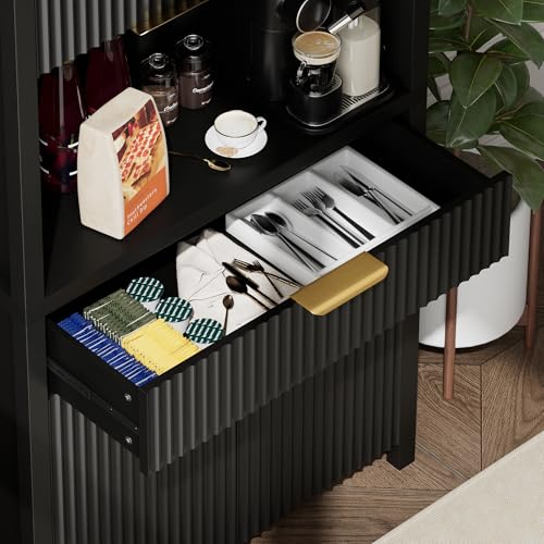 Image of Lulive 71 inch Fluted Pantry Cabinet with Charging Station, Black | Adjustable Shelves, Open Countertop, Drawer, Spacious Kitchen Storage