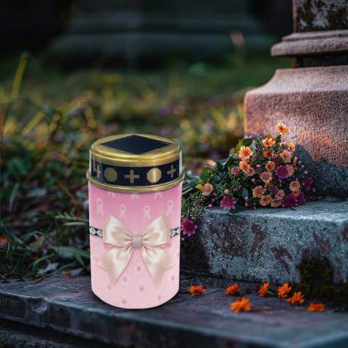 Image of Poceacles Outdoor Solar Lights Garden Cemetery Flameless Candle Water Resistant Pillar Candle Solar Garden Stake Lights for Cemetery Grave Decorations, Pink Ribbon Bow Cherry Blossom