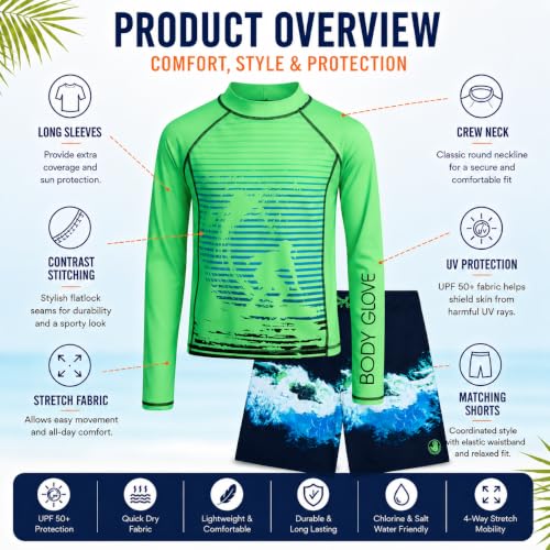 Image of Body Glove Boys Swim Set - 2 Piece Boys Swim Trunks with Rash Guard UV Protection Swimsuit Kids Bathing Suits (Sizes 4-12)