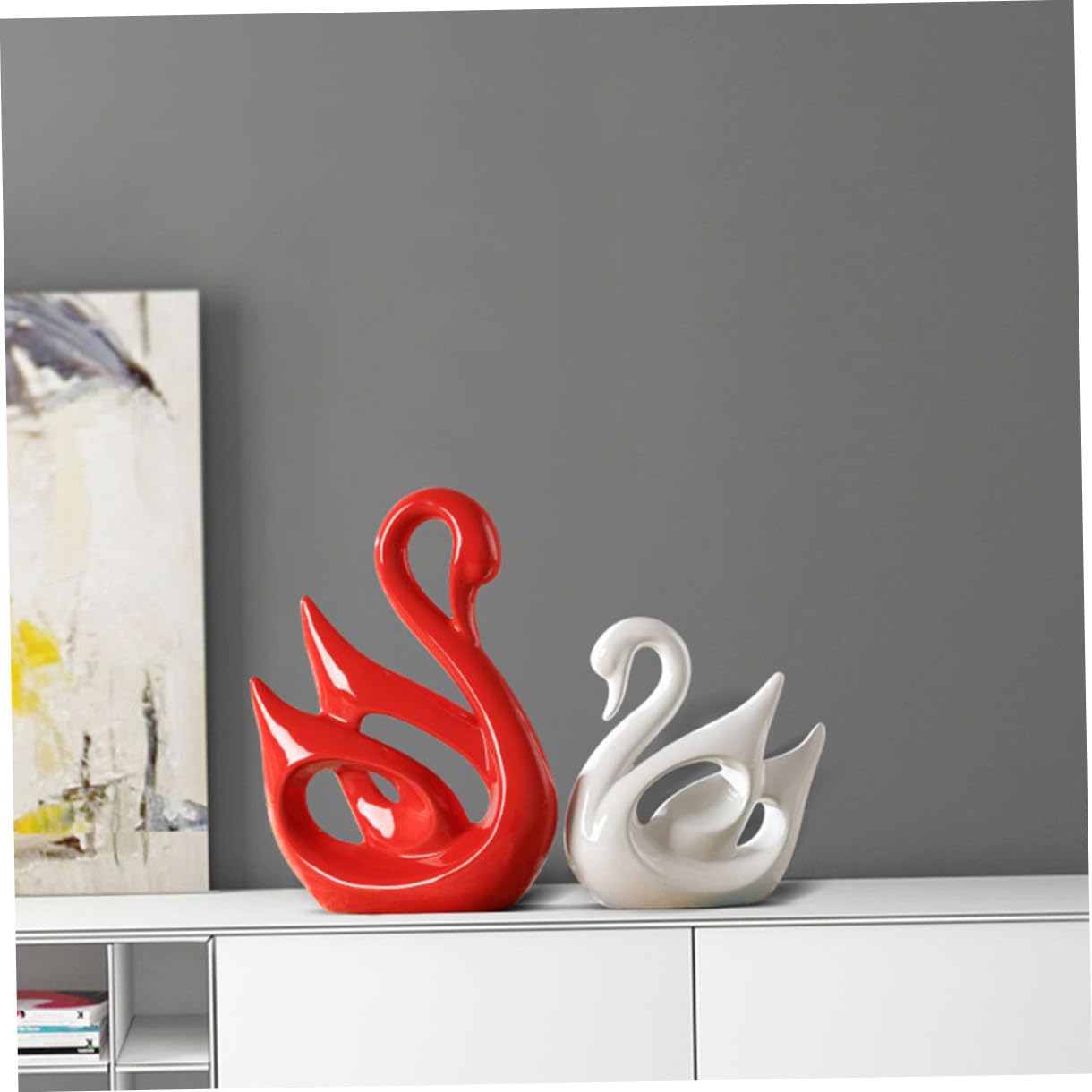 Toyvian Rote und Weiße Keramik Schwan Skulpturen Paar Dekorationen für Wohnzimmer und Schlafzimmer Glatte Oberfläche Romantische Wohndeko