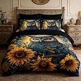 CCoutueChen Blue Owl Bedding Set Queen Size Women Yellow Sunflower Comforter Bird Floral Comforter Set Girls Botanical Floral Decor Summer Bed Set Lightweight Microfiber Comforter