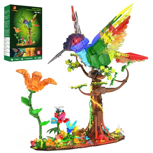 JMBricklayer Mechanical Hummingbird Building Set with LED Light, Bird Model Sets for Adults, Flower Animal Collection Toy, Art Creative Gifts, Home & Office Décor, Ideas for Women & Men Kids 14+