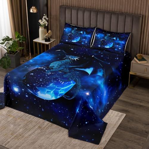 Galaxy Dragon Coverlet Set Kids Chic Outer Space Starry Sky Bedspread Jungle Animals Dragon Quilted Coverlet for Boys Children Teens Bedroom Decor Blue Black Quilted Twin Size With 1 Pillow Case