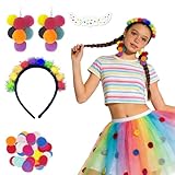 Jpvtlqu Konfetti Kostüm Damen, 4-teilig Konfetti Kostüm Accessoires mit Konfetti Haarreif,Pompons zum Basteln,Ohrringe,Gesichtssticker für Fasching oder Kölner Karneval