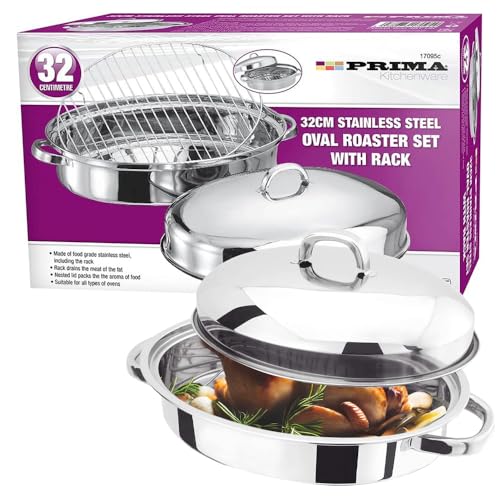 New 32CM Stainless Steel Roasting Tray PAN Set LID Handle Oval Kitchen Cooking Oven Baking | Durable Long Lasting | Removable Drain Rack | Nested LID