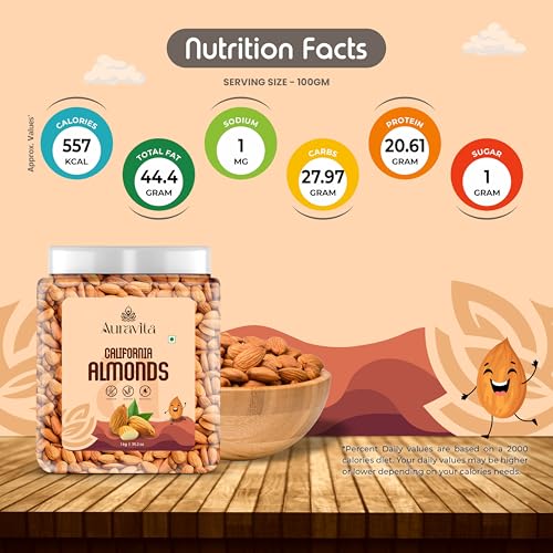 Image of Auravita California Almonds 1kg | Crunchy & Healthy Dry Fruit, Premium Badam Giti for Daily Nutrition | Healthy Diet Snacking Resealable Jar Pack