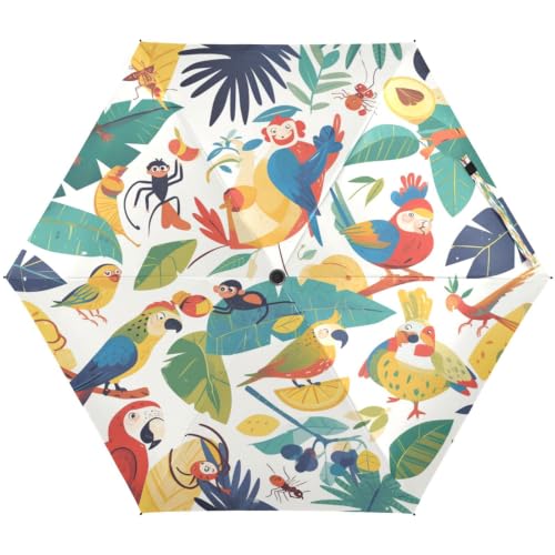 Parapluie pliant feuilles de jungle et oiseaux tropicaux léger pour voyage et plage