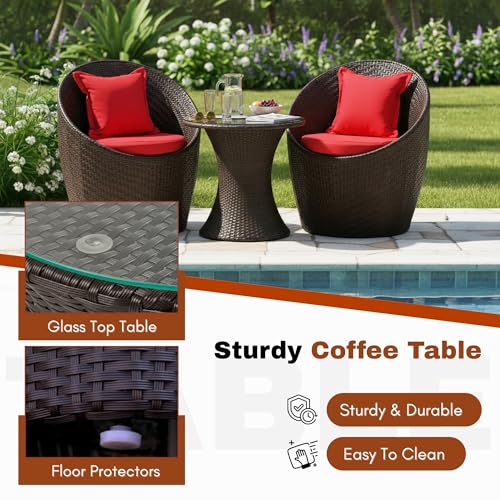 Image of DEVOKO Rattan 3-Piece Outdoor Patio Furniture Set With Cushions & Coffee Table For Garden, Deck, Lawn, Poolside, Terrace, Balcony (Dark Brown & Red)