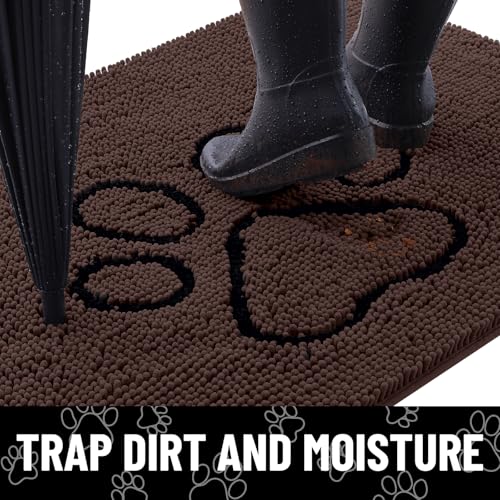 Image of Smiry Dog Door Mat for Muddy Paws, Absorbent Dirt Trapper Non Slip Quick Dry Washable Chenille Mat for Mud Dogs, Entry Rug for Indoor and Outdoor (30x20 Inches, Brown and Black)