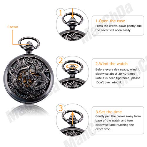 Manchda Antique Mechanical Pocket Watches For Men Lucky Dragon Phoenix Pocket Watch With Chain Black Skeleton Dial Roman Numberals Gifts For Fathers Day #TOP3