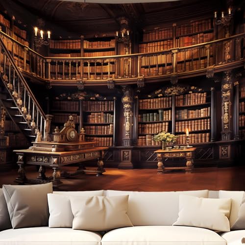 QGHOT Medieval Bookshelf Tapestry Vintage Library Bookcase Tapestry Wall Hanging Victorian Office Zoom Video Backdrop Old Books for Study Room Bedroom Living Room Decor 78.7L x 104W