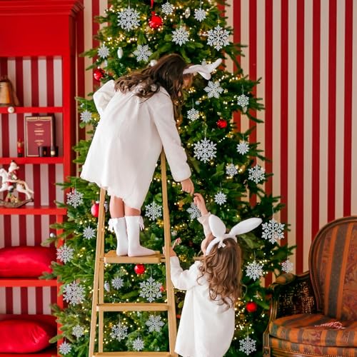 Image of 49pcs Christmas Party Decorations Snowflake Ornaments - Silver Glitter Snowflakes DIY Hanging Ornaments for Winter Christmas Tree Wall Ceiling Window Decor