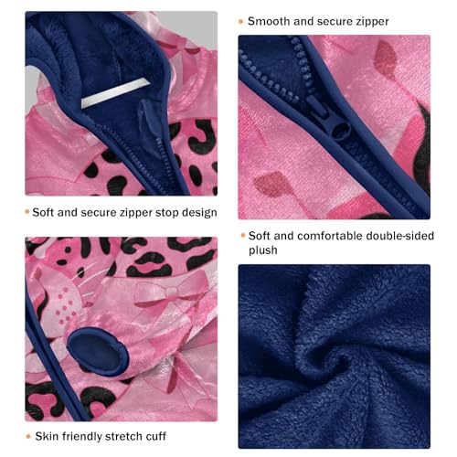 Pink Leopard with Bows Pattern Toddler Fleece Jacket Girl Boys Hooded Fleece Jacket Coat Warm Outwear Zip-up 3-10T3