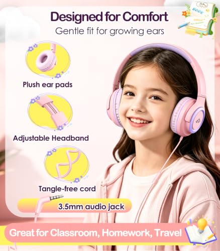 INFURTURE Kids Headphone for School with Microphone, Pink Wired Headphones - image 4